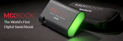 Mixbook personal light glows green, text:World's First Digital Swatchbook